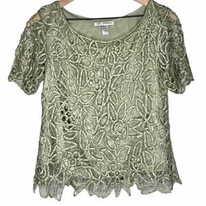 Silken Poetry Green Silk Crochet Floral Lace Blouse M Beaded Boho Top